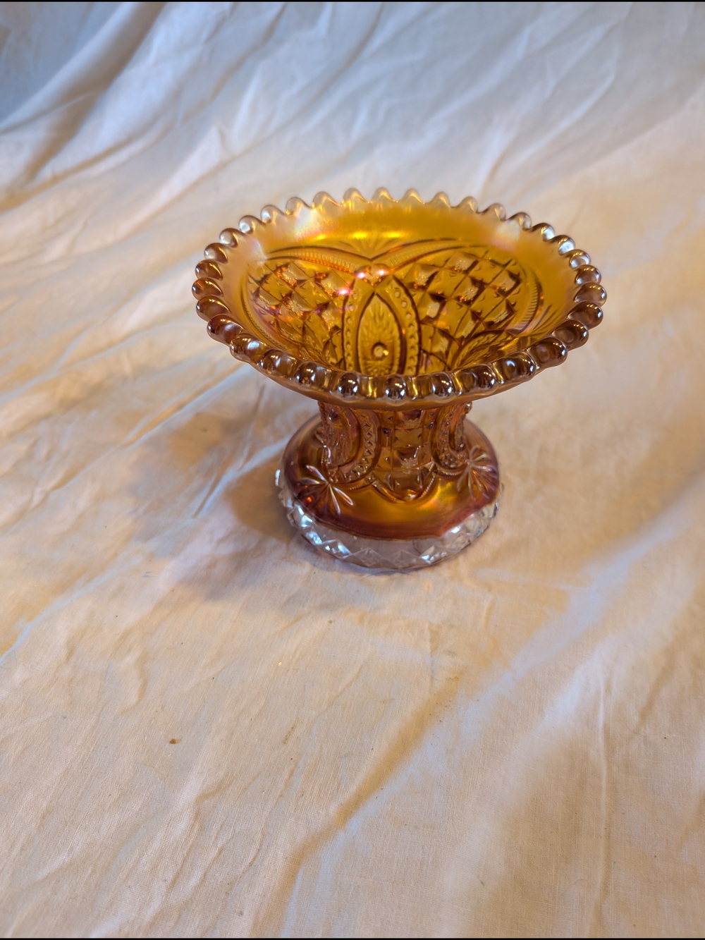 2/60$ Iridescent Amber Pedestal Compote - Decorative Glass Accent